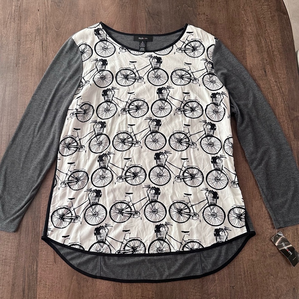 Style & Co. Bicycle Ride Print Long Sleeved Top Gray Grey White Black NWT XL